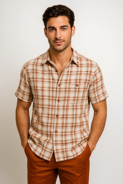 Men's short-sleeve plaid shirt in cream, orange, and brown. Features a pointed collar, button-front, chest pocket, cuffed sleeves, and curved hem. Lightweight, textured fabric.
