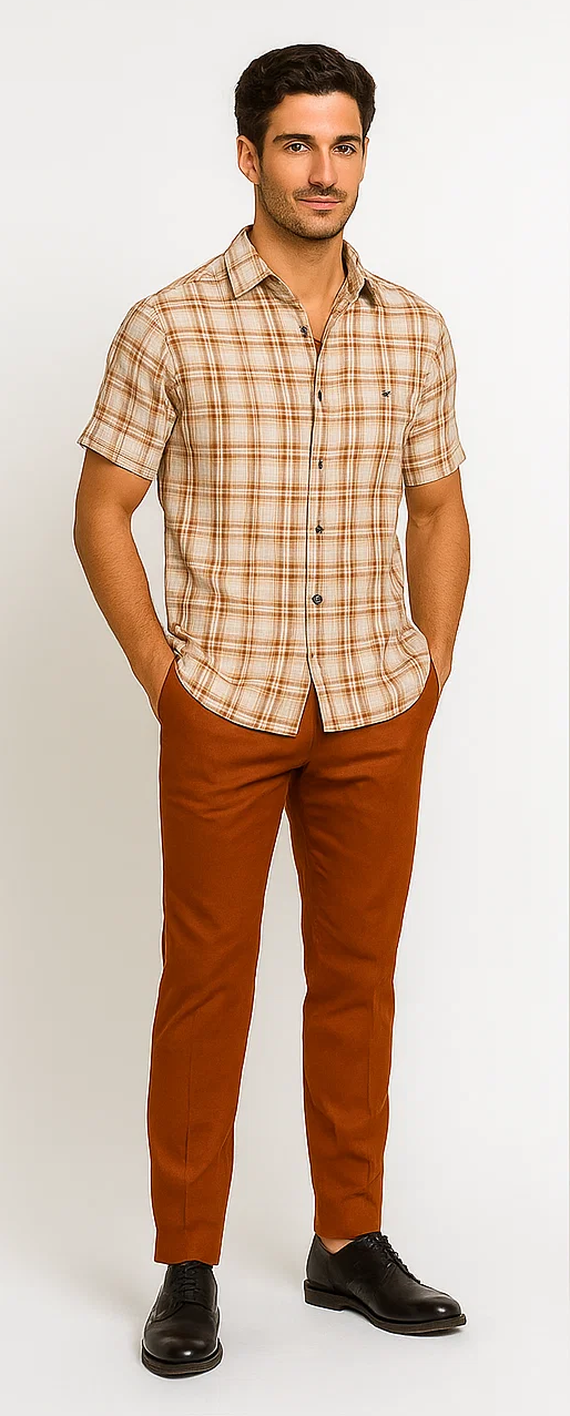 Men's textured plaid walking suit: light brown short-sleeved, collared shirt with cream plaid, button-down front. Paired with slim-fit, rust-colored tailored pants. Structured silhouette.