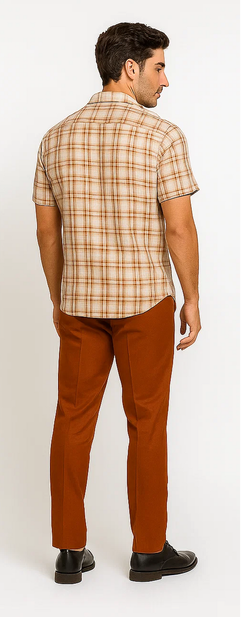 Men's textured plaid walking suit: short-sleeve, collared shirt in beige/light brown plaid. Paired with straight-leg papaya cream pants. Lightweight, breathable fabric.