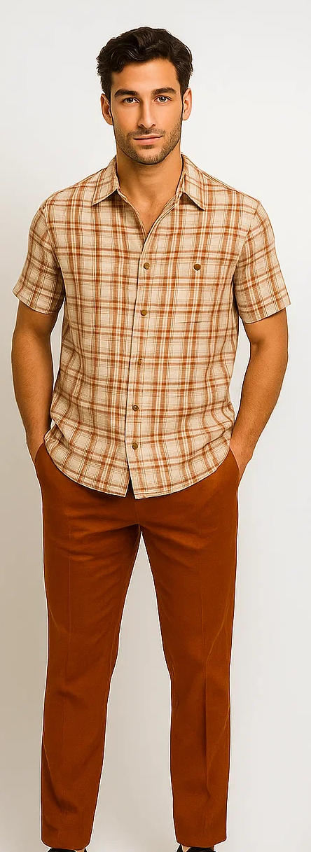 Men's papaya cream textured plaid walking suit. Short-sleeve button-up shirt with rounded collar, light brown plaid, and cream accents. Matching, solid, warm-toned trousers. Lightweight fabric, casual fit, tailored appearance.
