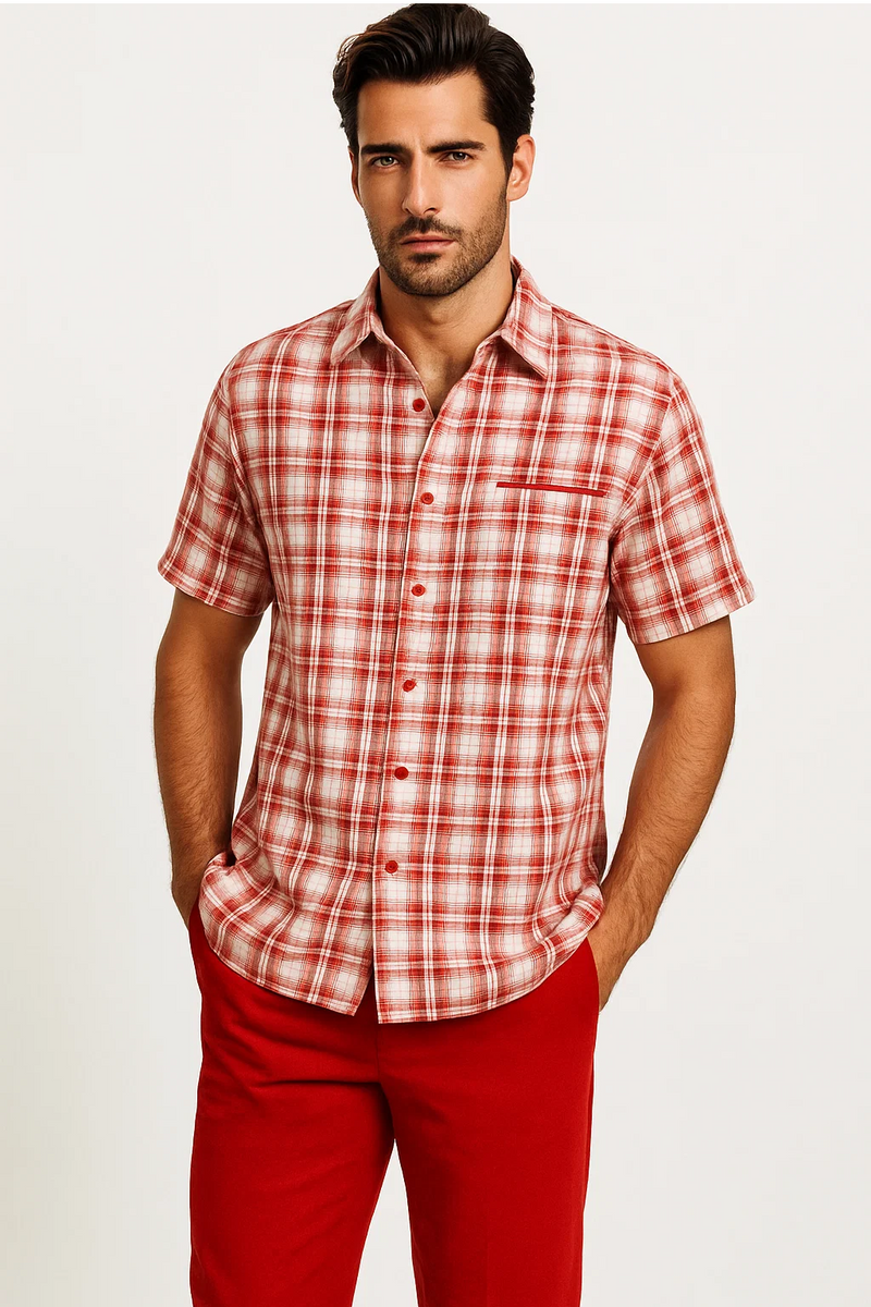 Men's plaid walking suit: short-sleeved red & off-white plaid shirt with button-up front & chest pocket. Paired with solid red trousers.