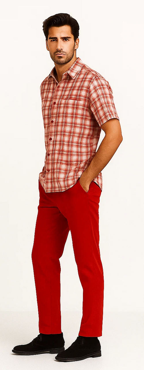 Men's walking suit: Red and off-white short-sleeved plaid shirt with a chest pocket. Matching red straight-fit pants. Bold color, checkered motif, coordinated design.