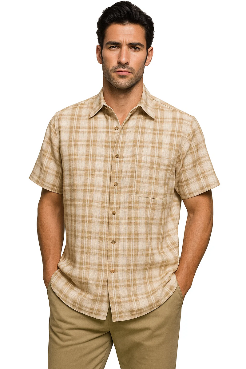 Men's textured plaid walking suit in tan & cream. Short-sleeve button-up shirt with grid pattern & chest pocket. Matching tan pants complete the coordinated outfit.