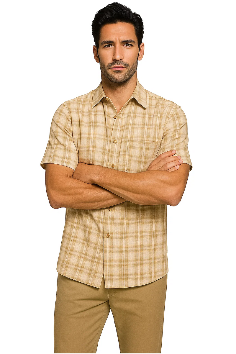 Men's textured plaid walking suit: short-sleeve, button-up light tan shirt with cream plaid, collar, and front pocket. Paired with tan trousers.