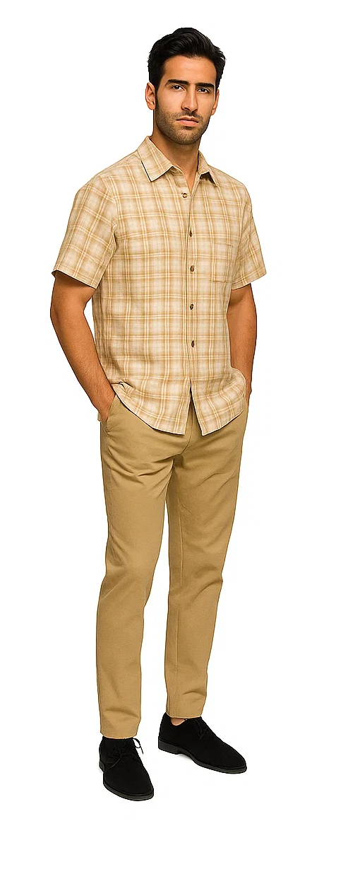 Men's tan cream textured plaid walking suit. Short-sleeve button-up shirt with pointed collar, light plaid pattern. Matching straight-leg pants. Soft, lightweight fabric.