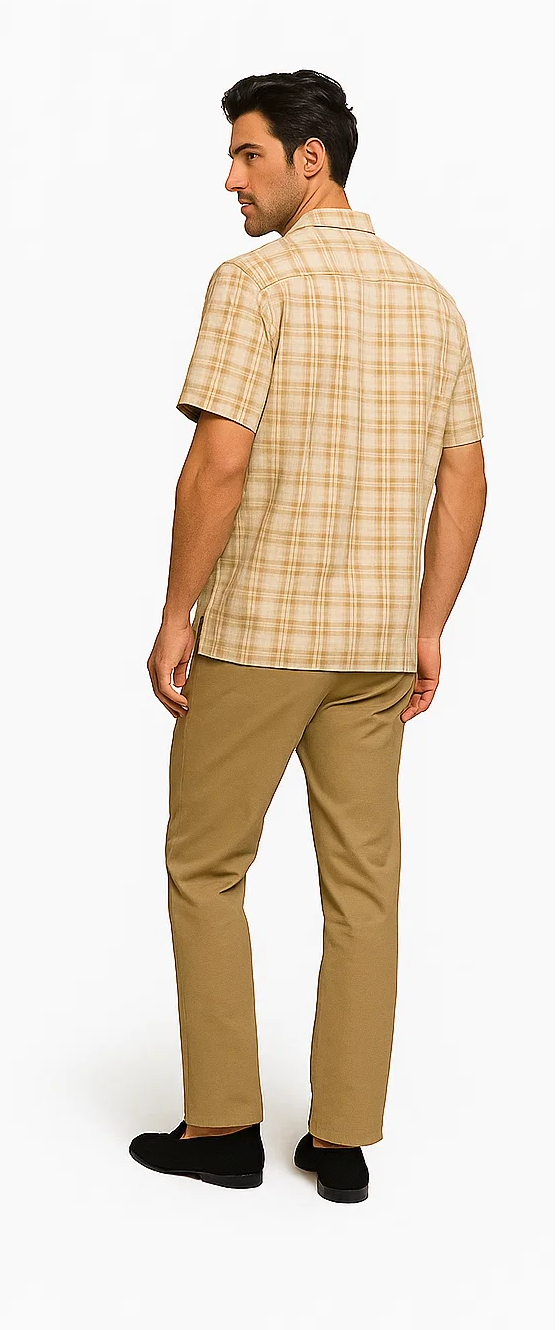 Men's tan cream plaid walking suit. Short-sleeved, button-up shirt and straight-leg pants. Lightweight, breathable fabric. Shirt has a standard collar, pants are fitted, no pockets.