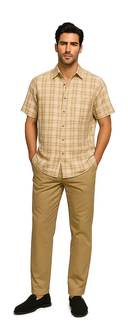 Tan and cream men's textured plaid walking suit. Short-sleeve button-up shirt with lighter plaid, paired with solid tan trousers. Lightweight shirt, classic collar, relaxed fit, and straight-cut pants.