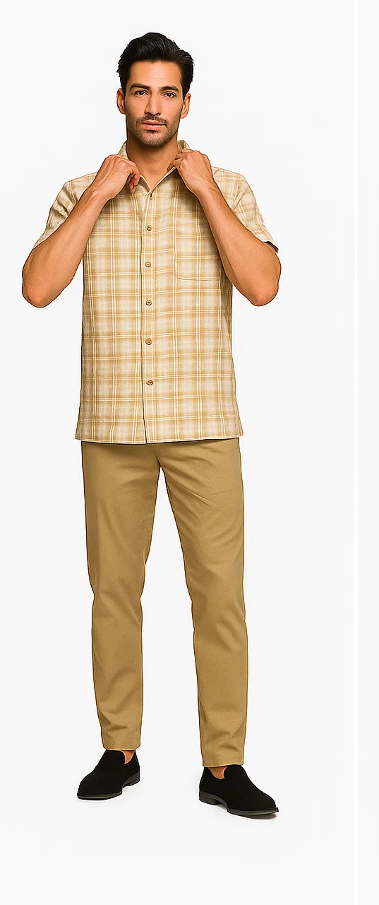 Tan cream men's textured plaid walking suit. Short-sleeve plaid shirt (tan/cream) with a button-down collar, paired with coordinating slim-fit, straight-cut tan trousers.