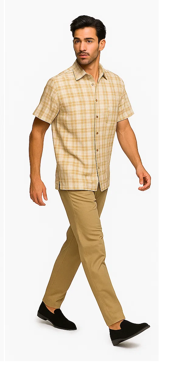 Men's tan & cream plaid walking suit. Short-sleeve button-up shirt & pants. Lightweight, textured fabric. Shirt features a standard collar and straight fit. Pants offer a streamlined silhouette.