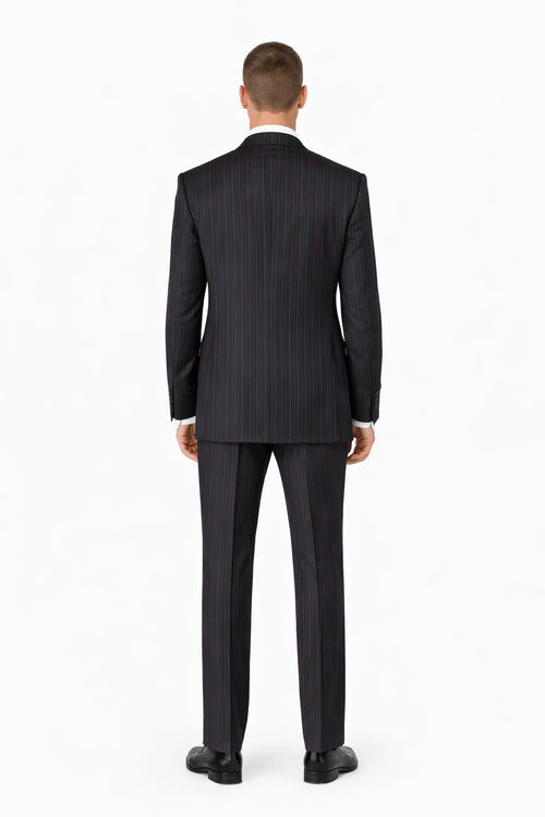 Mens Three Button Suits - Navy Blue Pinstripe Three-Piece Suit - Classic Business and Formal Wear with Tailored Fit