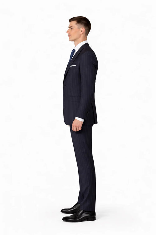 Mens Three Button Suits - Navy Blue Pinstripe Three-Piece Suit Classic Business and Formal Wear - Zoot Suit