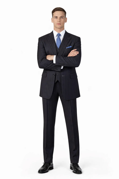 Mens Three Button Suits - Navy Blue Pinstripe Three-Piece Suit Classic Business and Formal Wear - Zoot Suit
