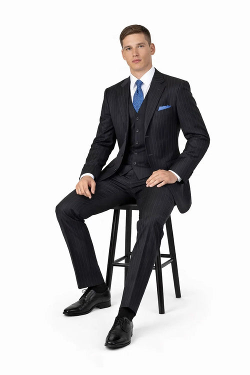 Mens Three Button Suits - Navy Blue Pinstripe Three-Piece Suit Classic Business and Formal Wear - Zoot Suit