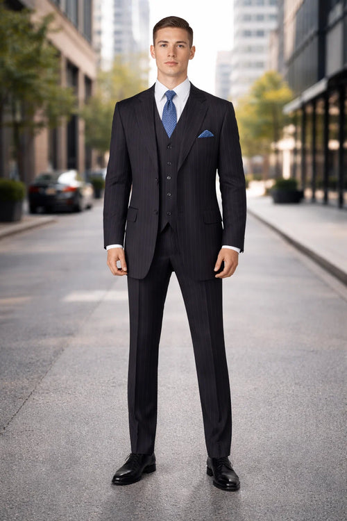Mens Three Button Suits - Navy Blue Pinstripe Three-Piece Suit Classic Business and Formal Wear - Zoot Suit
