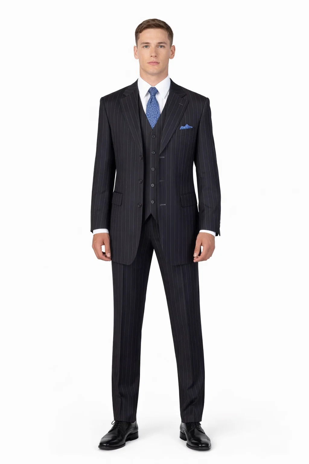 Mens Three Button Suits - Navy Blue Pinstripe Three-Piece Suit Classic Business and Formal Wear - Zoot Suit