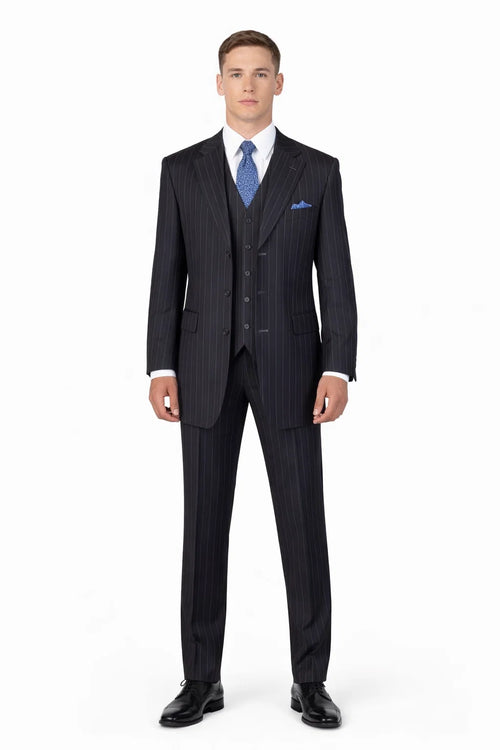Mens Three Button Suits - Navy Blue Pinstripe Three-Piece Suit Classic Business and Formal Wear - Zoot Suit