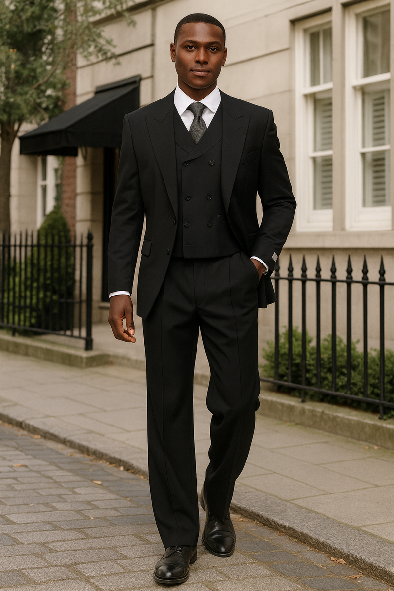Men's black wool three-piece suit. Features wide-leg baggy pants, a double-breasted vest, and a peak lapel jacket. Tailored silhouette with clean lines.