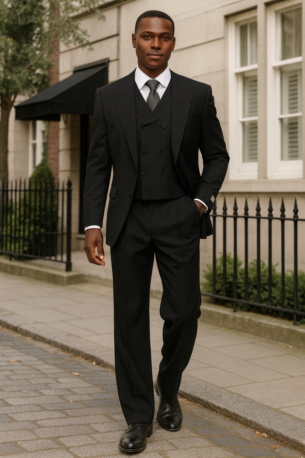 Mens Tiglio Rosso Suit - Wide Leg Baggy Pants - 100% Wool Black Three-Piece Suit with Double-Breasted Vest and Peak Lapel