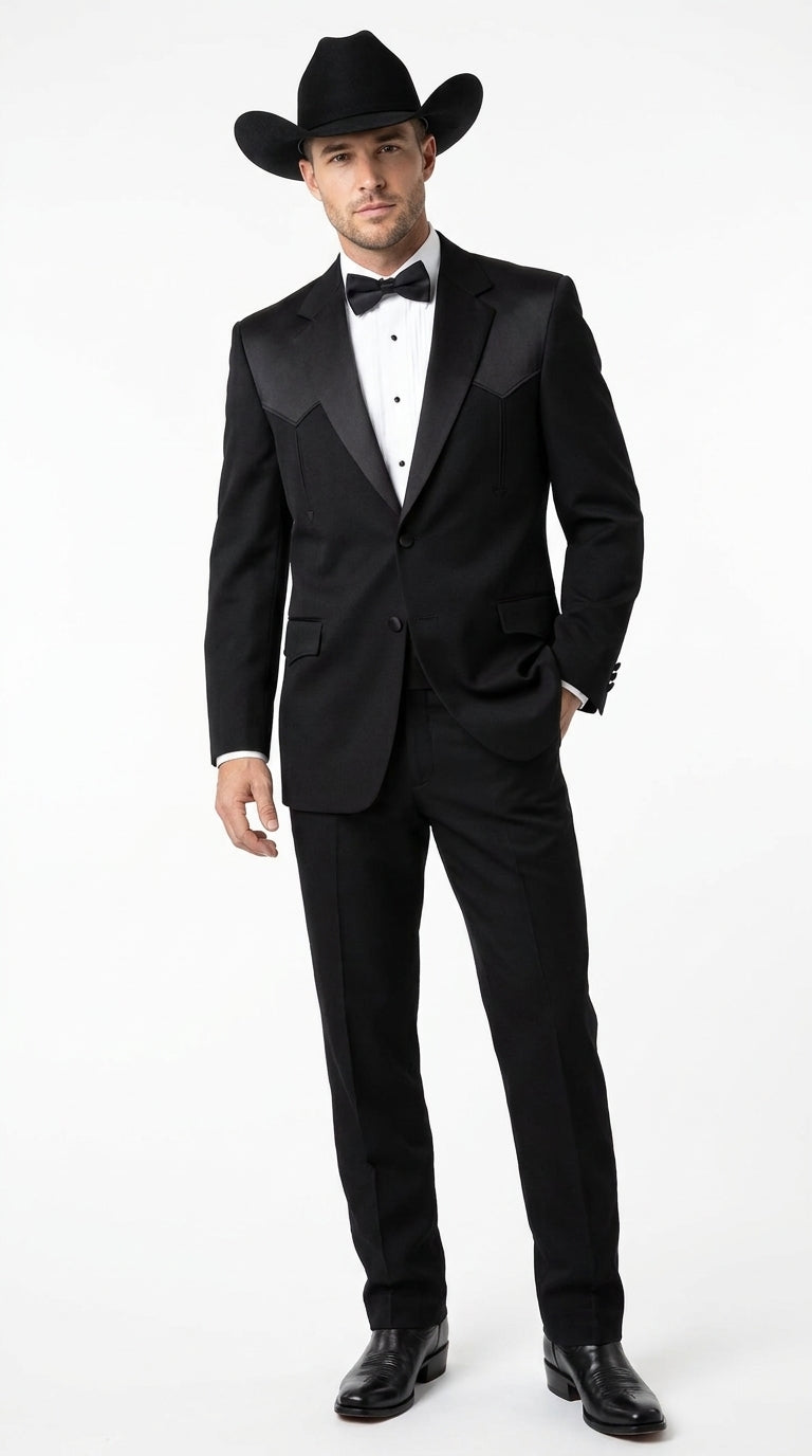 Mens Traditional Black Western Tuxedo Suit ā 2 Piece Cowboy Formal Suit with Western Yoke Sport Coat & Matching Black Pants