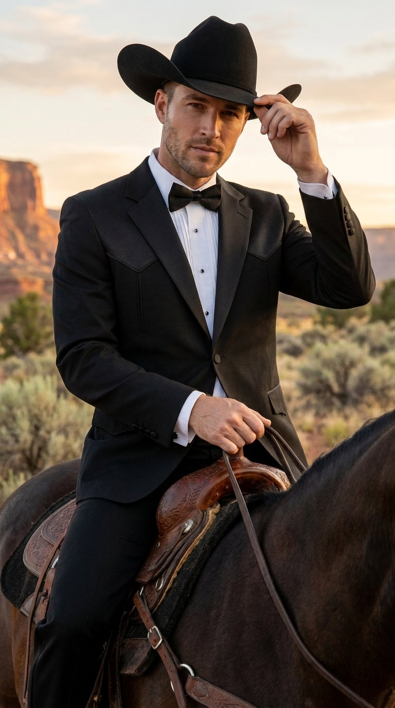 Mens Traditional Black Western Tuxedo Suit ā 2 Piece Cowboy Formal Suit with Western Yoke Sport Coat & Matching Black Pants