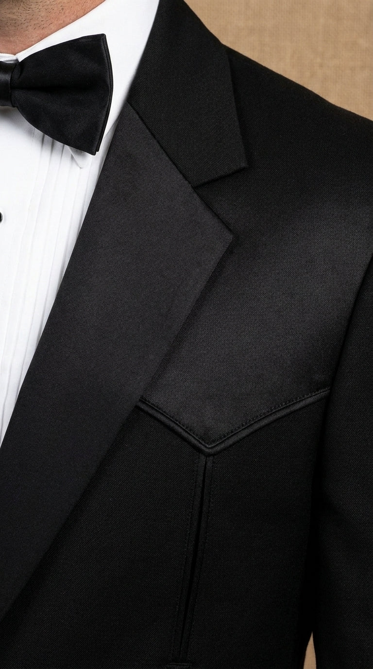 Mens Traditional Black Western Tuxedo Suit ā 2 Piece Cowboy Formal Suit with Western Yoke Sport Coat & Matching Black Pants