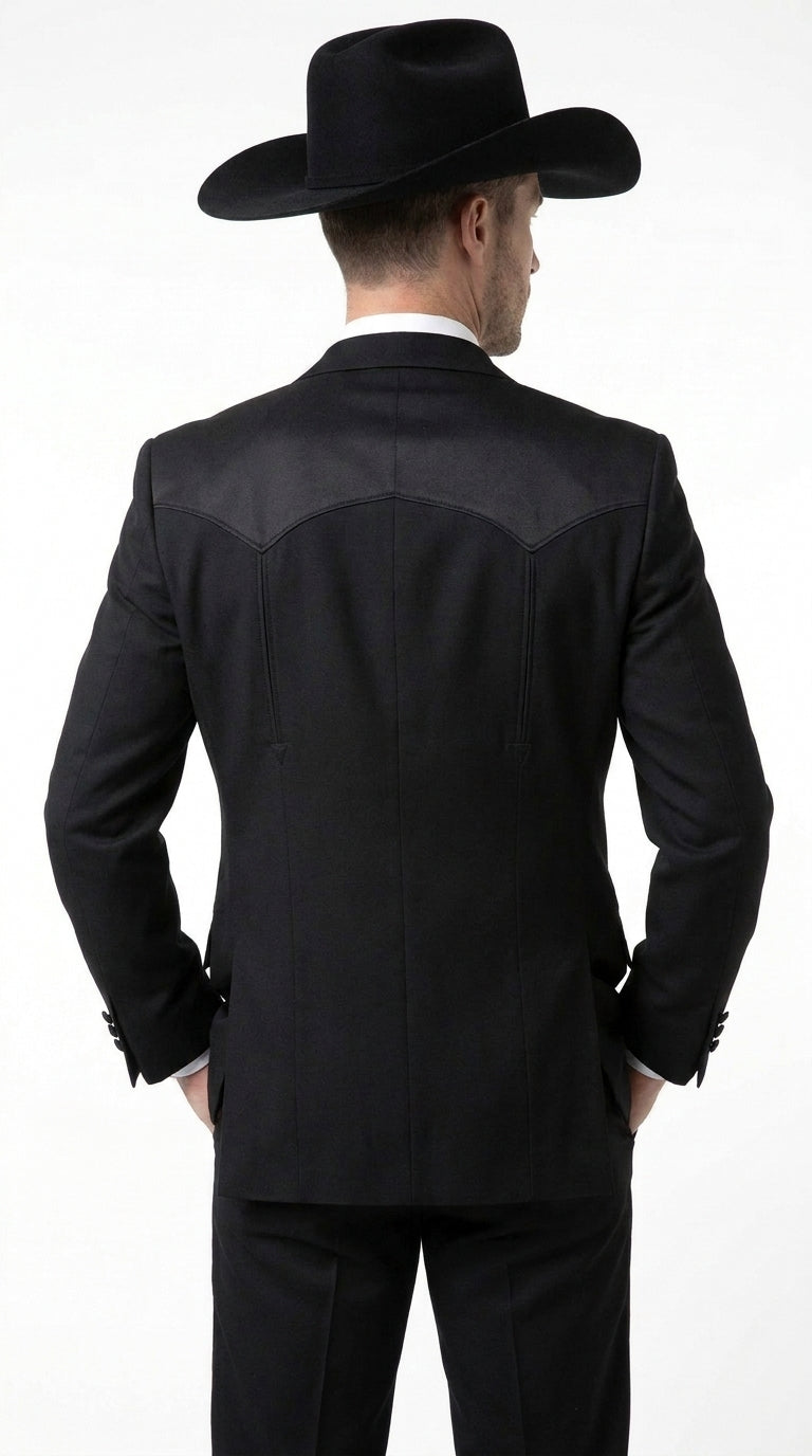Mens Traditional Black Western Tuxedo Suit ā 2 Piece Cowboy Formal Suit with Western Yoke Sport Coat & Matching Black Pants