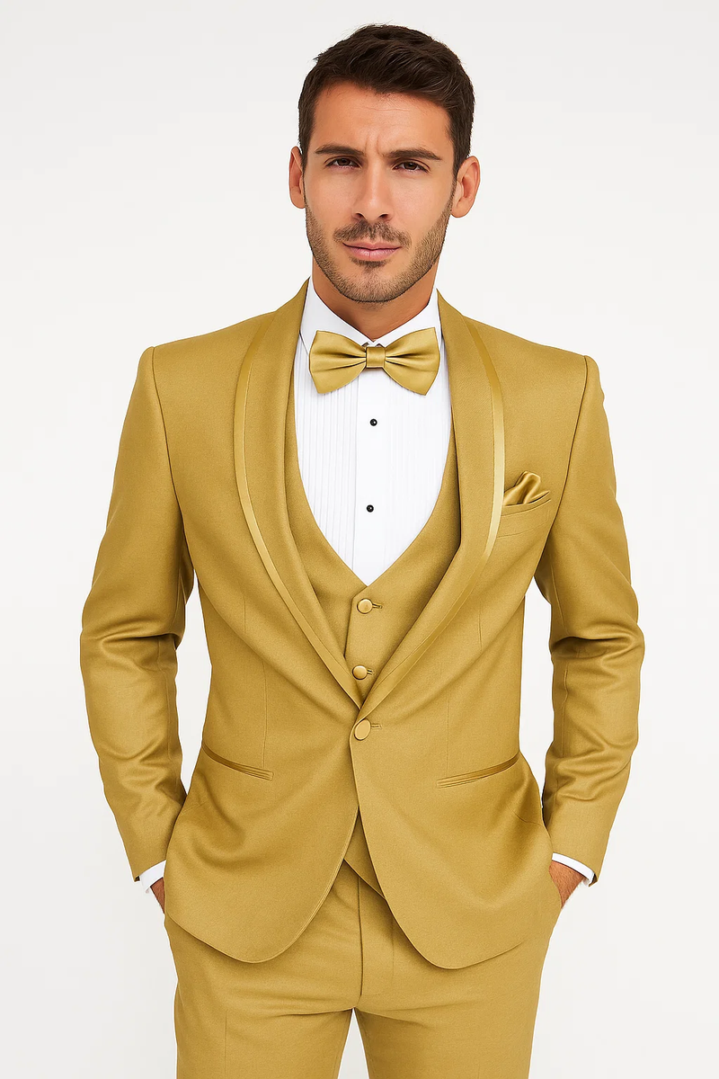 Alberto Nardoni men's champagne tuxedo: fitted, single-breasted jacket with satin lapels, matching vest, flat-front trousers. Includes a white dress shirt, champagne bow tie, and pocket square. Smooth fabric.