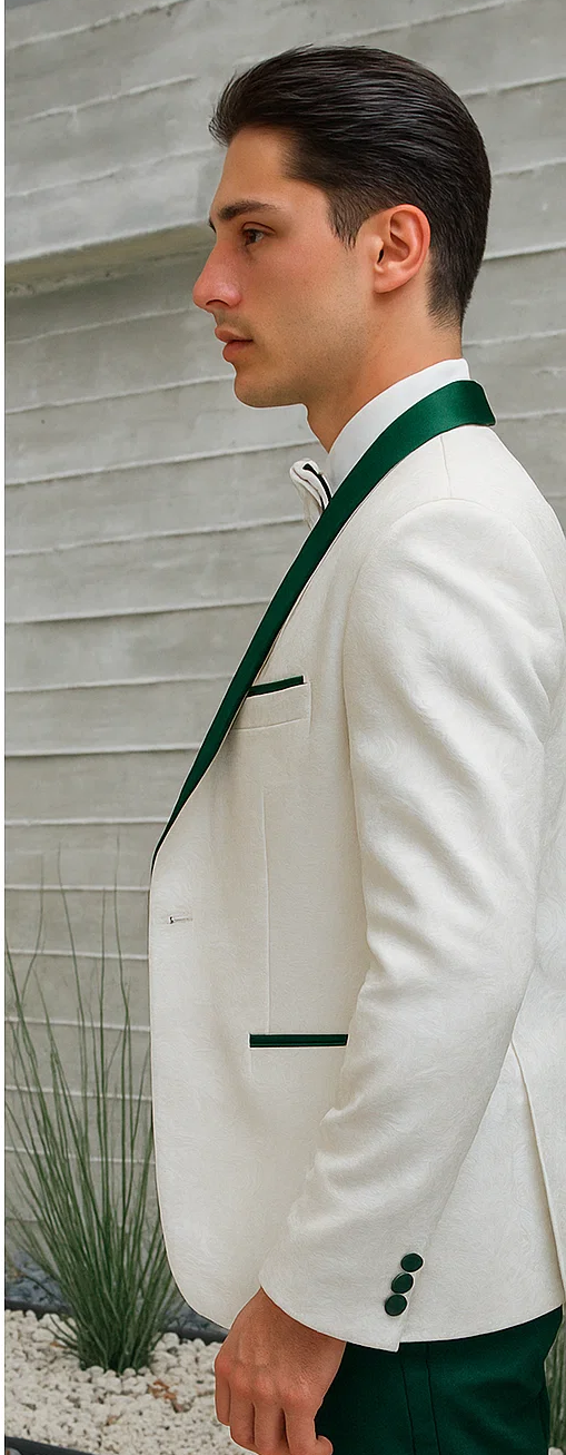 Men's tuxedo: white paisley jacket with hunter green satin collar, trim, and buttons. Includes hunter green pants. Perfect for weddings & proms.