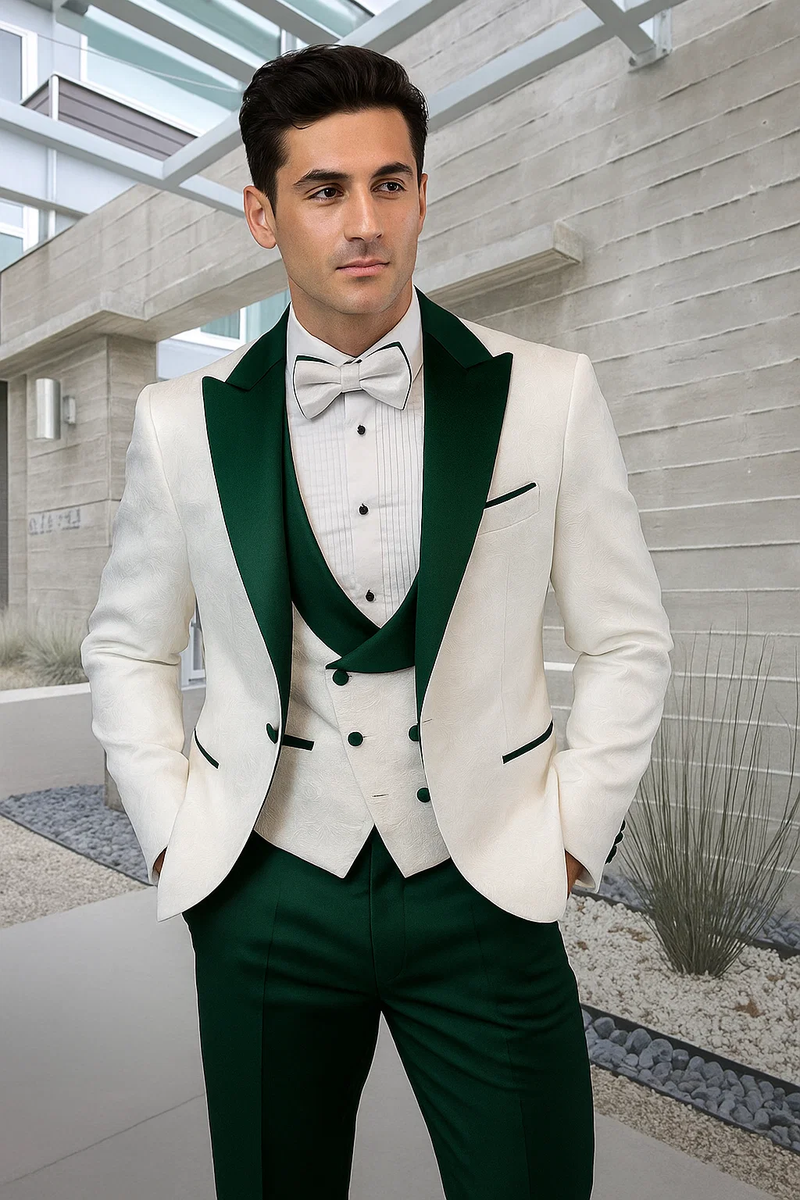 Men's tuxedo: White paisley jacket w/ green satin lapels, hunter green trousers. White pleated shirt, black buttons, bow tie. Perfect for weddings & proms.