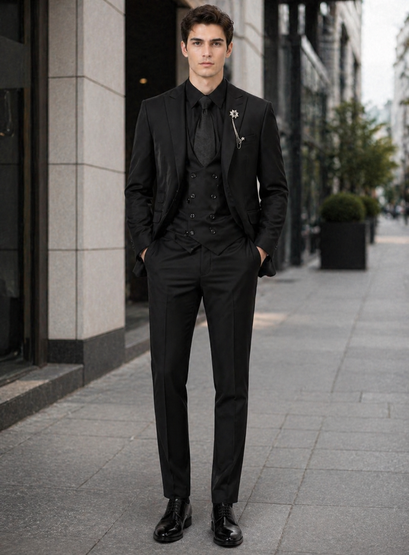 Mens Two Button Peak Lapel Suit Black