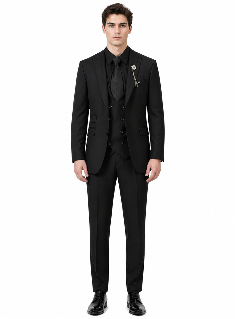 Mens Two Button Peak Lapel Suit Black