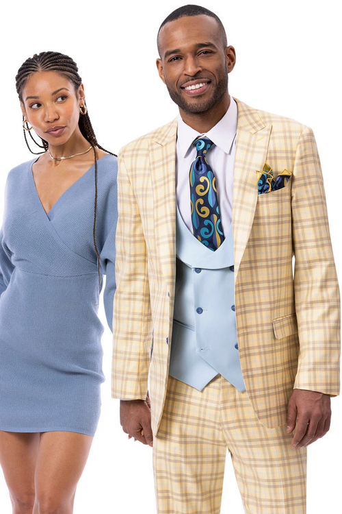 Marc Darcy wedding suit: Two-button, peak lapel with pale yellow/brown check. Includes light blue vest (notched collar, matching buttons). Jacket features breast/side pockets.