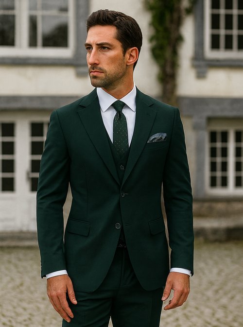 Men's Two Button Vested Notch Lapel Matching Vest and Basic Suit in Hunter Green