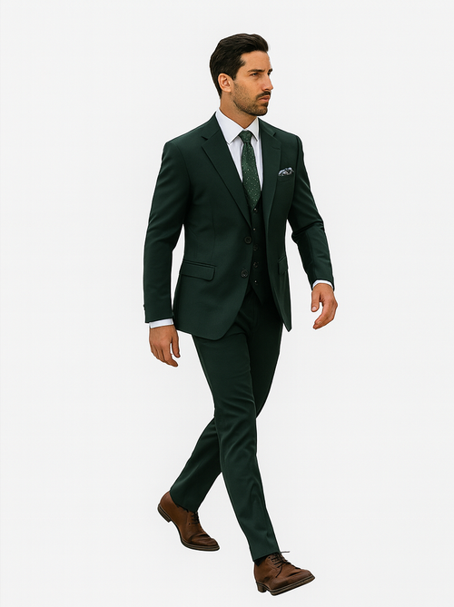 Men's Two Button Vested Notch Lapel Matching Vest and Basic Suit in Hunter Green
