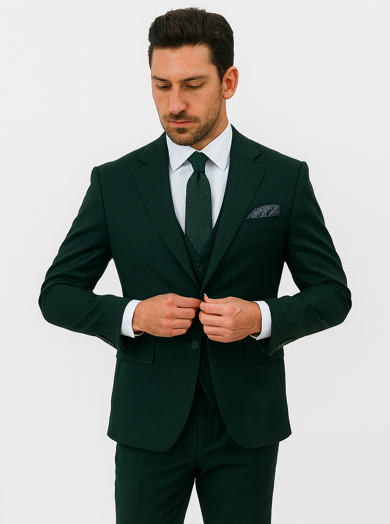 Men's Two Button Vested Notch Lapel Matching Vest and Basic Suit in Hunter Green