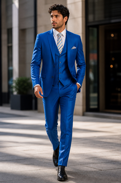 "Royal Blue Men's Sharkskin Wedding Suit - Two Button Vested Prom 2026 Fashion"