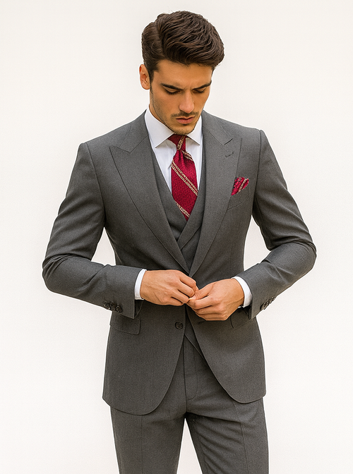 Mens Urban Suits - 100% Wool Suit - Single Button Double Breasted Vest Pleated Pants