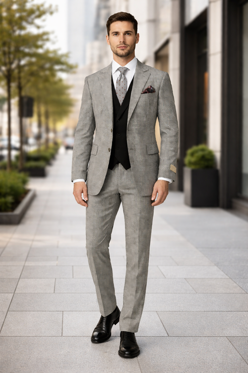 Mens Urban Suits - 100% Wool Suit - Single Button Double Breasted Vest Pleated Pants