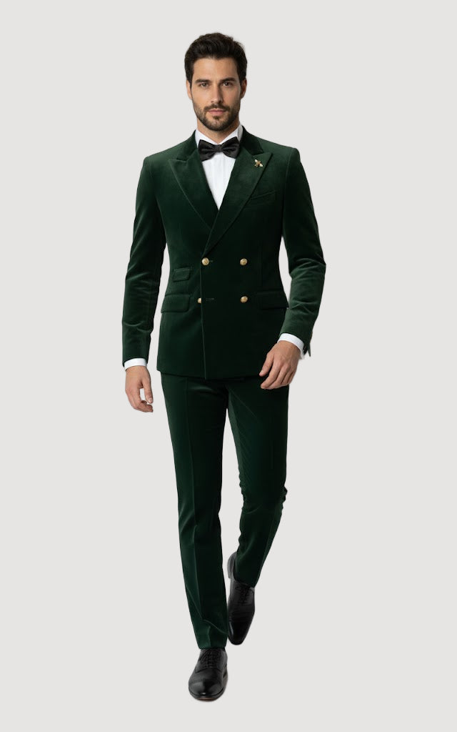 Mens Velvet Suit - Slim Fit Double Breasted Suit - Blazer and Pants Green