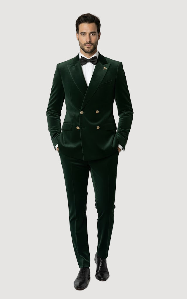 Mens Velvet Suit - Slim Fit Double Breasted Suit - Blazer and Pants Green