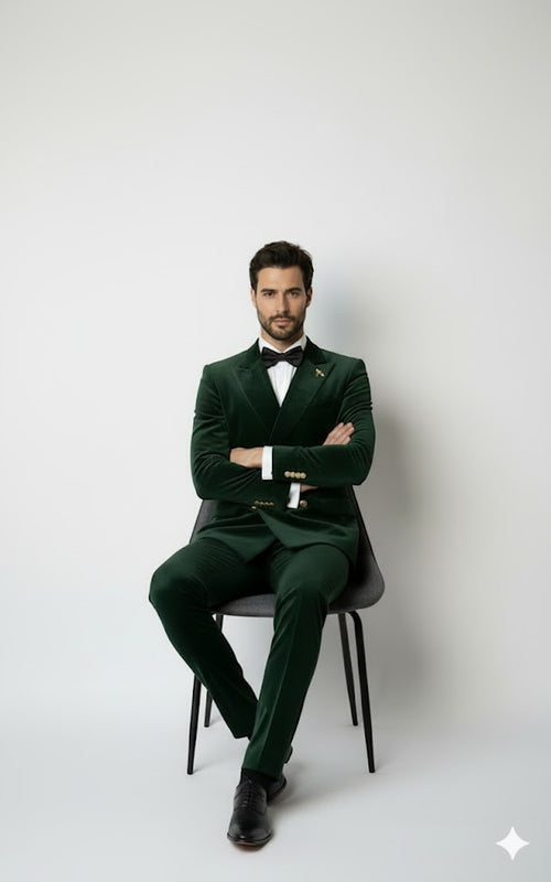 Mens Velvet Suit - Slim Fit Double Breasted Suit - Blazer and Pants Green