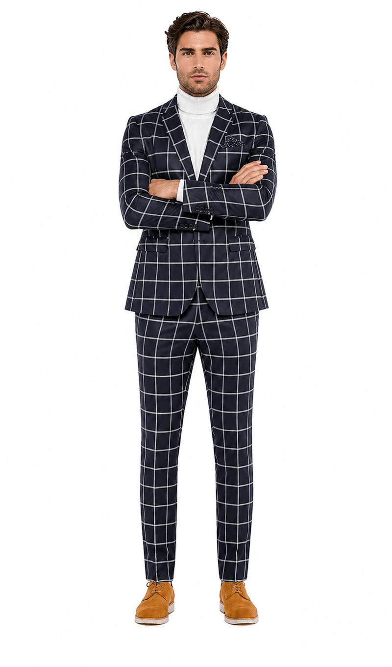Mens Vested Gangster Plaid Pattern 1920's Plaid Suit in Navy