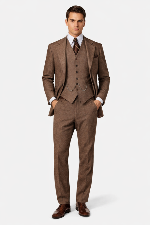 Mens Vested Great Gatsby Tweed Herringbone Tobey Maguire Suit in Light Brown