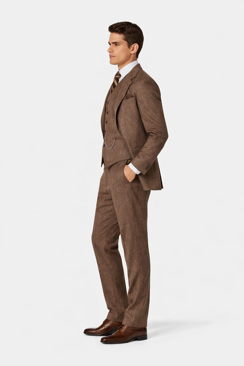 Mens Vested Great Gatsby Tweed Herringbone Tobey Maguire Suit in Light Brown