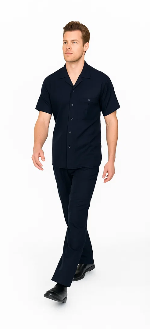 Black men's leisure suit: short-sleeved button-up shirt with collar and chest pocket, paired with straight-leg pants. Solid black fabric, matching set for a coordinated look.