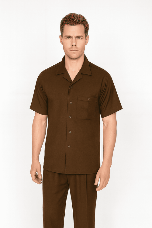 Brown men's leisure suit. Includes short-sleeved shirt with pocket & buttons, plus relaxed-fit pants. Smooth, solid-colored fabric.