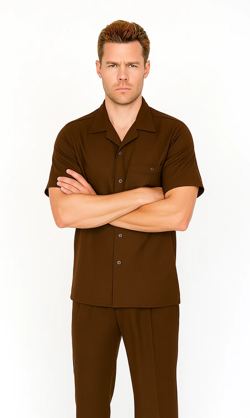 Brown men's leisure suit: short-sleeve shirt with pointed collar & chest pocket, matching straight-leg pants. Lightweight, smooth solid brown fabric. Relaxed fit.