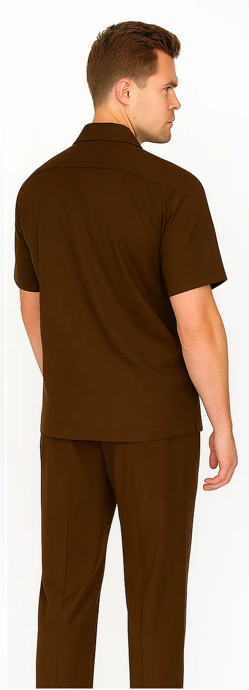 Brown leisure suit: short-sleeve shirt & matching pants. Straight collar, relaxed fit shirt; casual pants. Soft, likely synthetic material. Solid, uniform brown color.