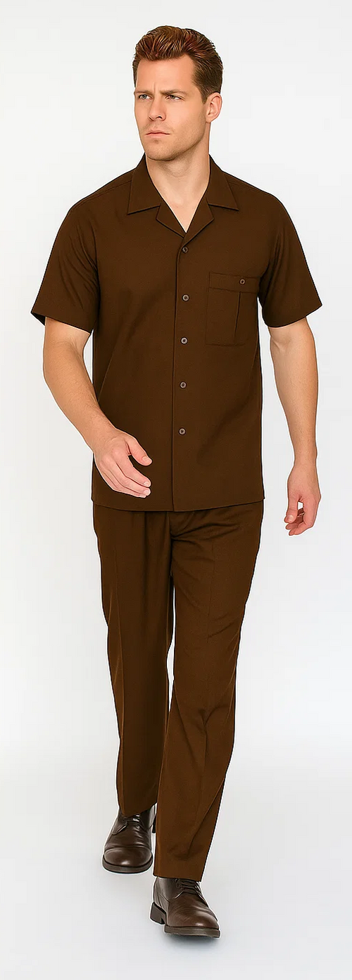 Men's brown leisure suit. Includes a short-sleeve button-up shirt with a pocket and straight-leg trousers. Both crafted from matching material for a unified, casual look.