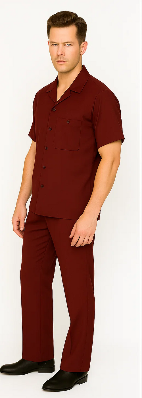 Burgundy leisure suit: short-sleeved shirt with collar & chest pocket, plus straight-cut long pants. Both made of smooth, uniformly colored fabric. Perfect for casual wear.